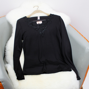 清仓黛安芬简约黑色V领长袖蕾丝花边保暖上衣女亲肤打底衫H000145