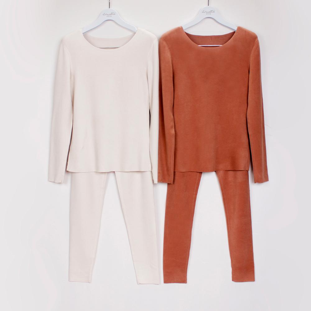 曼*芬秋冬茶花膨体女士无痕加厚长袖长裤保暖衣套装20211245