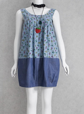 美式复古田园碎花牛仔宽松无袖背心连衣裙威莎专柜正品690W13573