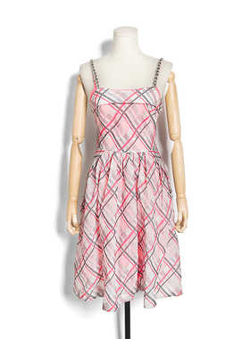 杰家 夏款法式复古粉色格纹雪纺吊带连衣裙jessica 29227H