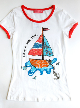 皇冠西西夏季290百搭卡通短袖印花亮片纯棉短袖T恤女W93162