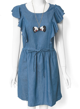 美式复古威莎蝴蝶结项链荷叶边薄款牛仔连衣裙590专柜正品W22571