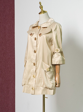 美式复古甜美春秋大翻领显瘦亮面七分袖风衣长外套W74103