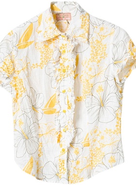 皇冠西西美式复古印花拼接短袖修身春夏女衬衫V63131