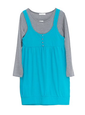 皇冠西西日单春秋古着纯棉显瘦假两件长袖圆领宽松连衣裙女110605