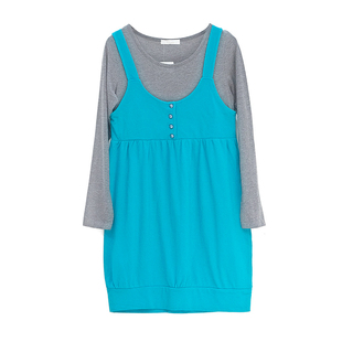 皇冠西西日单春秋古着纯棉显瘦假两件长袖圆领宽松连衣裙女110605