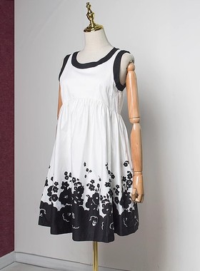 尾货夏季复古甜美印花高腰无袖连衣裙小个子女生裙背心裙802275瑕