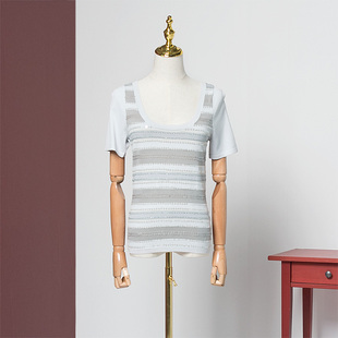 皇冠西西杰西卡条纹亮片修身套头短袖圆领女针织衫202459