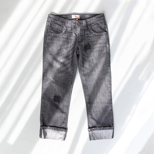 分裤 皇冠西西春秋款 女休闲牛仔裤 复古破洞补丁修身 V64C24 美式