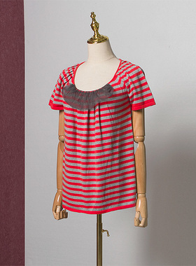 美式复古CROWNCC威莎 专柜460 PS小码 条纹短袖针织衫女 D92152