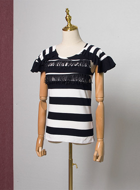 美式复古CROWNCC威莎 专柜正品490条纹流苏短袖T恤衫女D12269