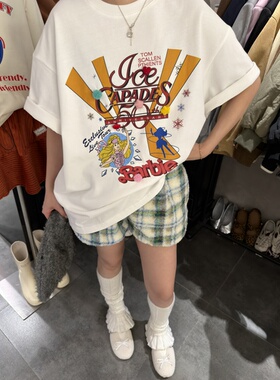 韩系女装2026早春新款时尚百搭宽松卡通印花圆领短袖磨毛T恤1976#