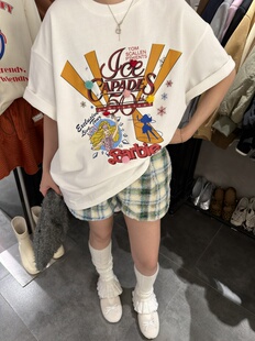 韩系女装2026早春新款时尚百搭宽松卡通印花圆领短袖磨毛T恤1976#