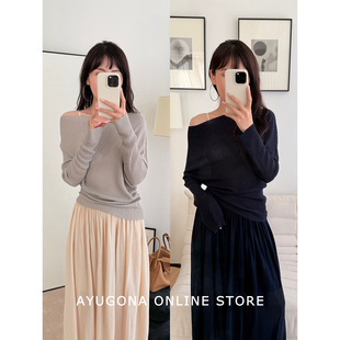 AYUGONA不规则一字肩时髦法式 上衣 优雅Lady通勤约会莱赛尔针织衫