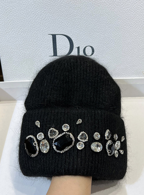 韩国兔毛软糯毛线帽手工水钻保暖加厚针织帽网红护耳帽休闲时尚潮