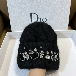 韩国兔毛软糯毛线帽手工水钻保暖加厚针织帽网红护耳帽休闲时尚 潮