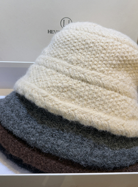 秋冬羊毛盆帽女逛街百搭遮脸水桶帽子女毛线针织渔夫纯色简约保暖