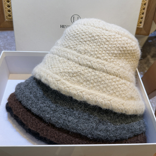 秋冬羊毛盆帽女逛街百搭遮脸水桶帽子女毛线针织渔夫纯色简约保暖