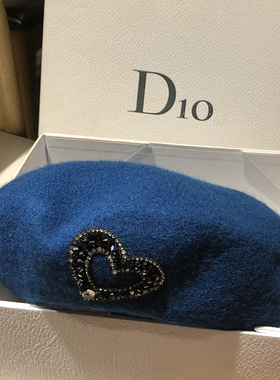 韩国百搭爱心水钻贝雷帽蓝色羊毛气质优雅南瓜帽复古秋冬蓓蕾画家