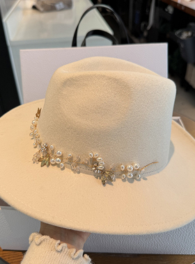 时尚气质手工花朵羊毛礼帽女白色羊绒爵士帽复古百搭显脸小大檐帽