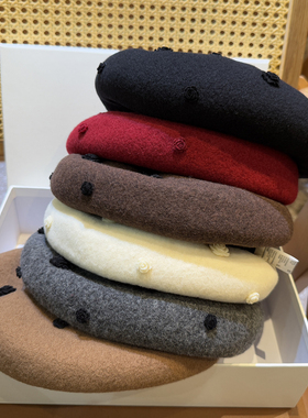 内有夹子秋冬纯羊毛软花朵贝雷帽澳洲羊绒大头围帽子女显脸小白色