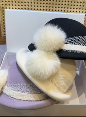 秋冬纯羊毛呢礼帽狐狸毛球网纱贝雷帽立体复古蓓蕾帽优雅卷边紫色