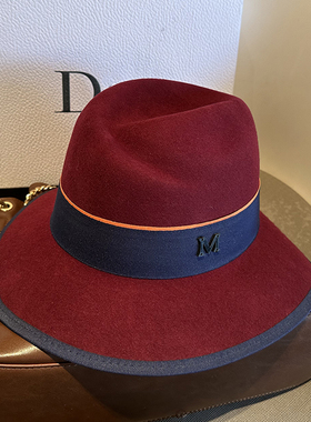 秋冬纯羊毛礼帽女蓝色复古英伦毡帽法式气质宽沿帽子M名媛显脸小