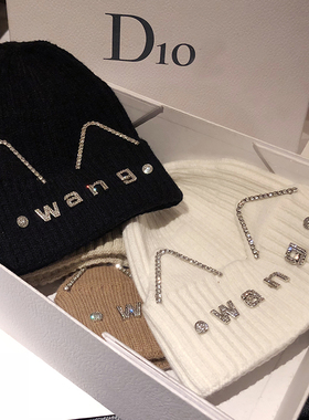 韩版猫耳朵毛线帽秋冬百搭水钻字母帽子女保暖卷边针织帽女休闲