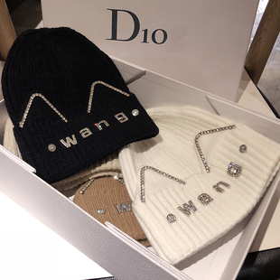 韩版 猫耳朵毛线帽秋冬百搭水钻字母帽子女保暖卷边针织帽女休闲