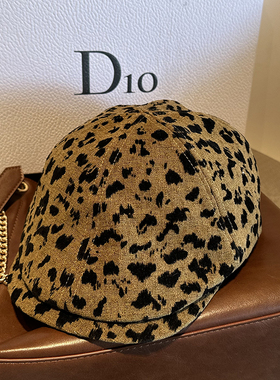日系百搭前进帽时尚复古豹纹鸭舌帽反戴英伦画家帽子休闲简约贝雷