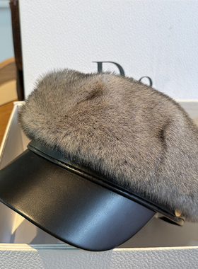 秋冬仿貂毛保暖报童帽皮沿鸭舌帽子休闲百搭加厚显脸小白色八角帽