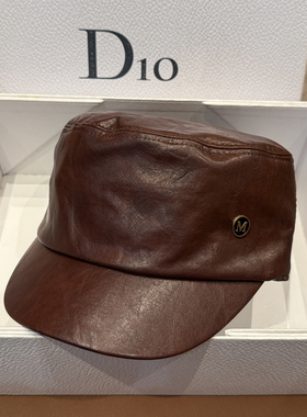 纯色PU皮M标字母马术帽黑色逛街休闲鸭舌帽复古英伦平顶贝雷帽潮