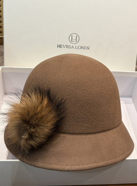 优雅羊毛礼帽女秋冬水貂毛毛球装饰千金风盆帽英伦风毛呢帽羊绒毡