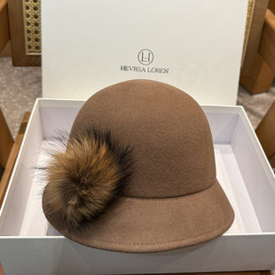 优雅羊毛礼帽女秋冬水貂毛毛球装 饰千金风盆帽英伦风毛呢帽羊绒毡
