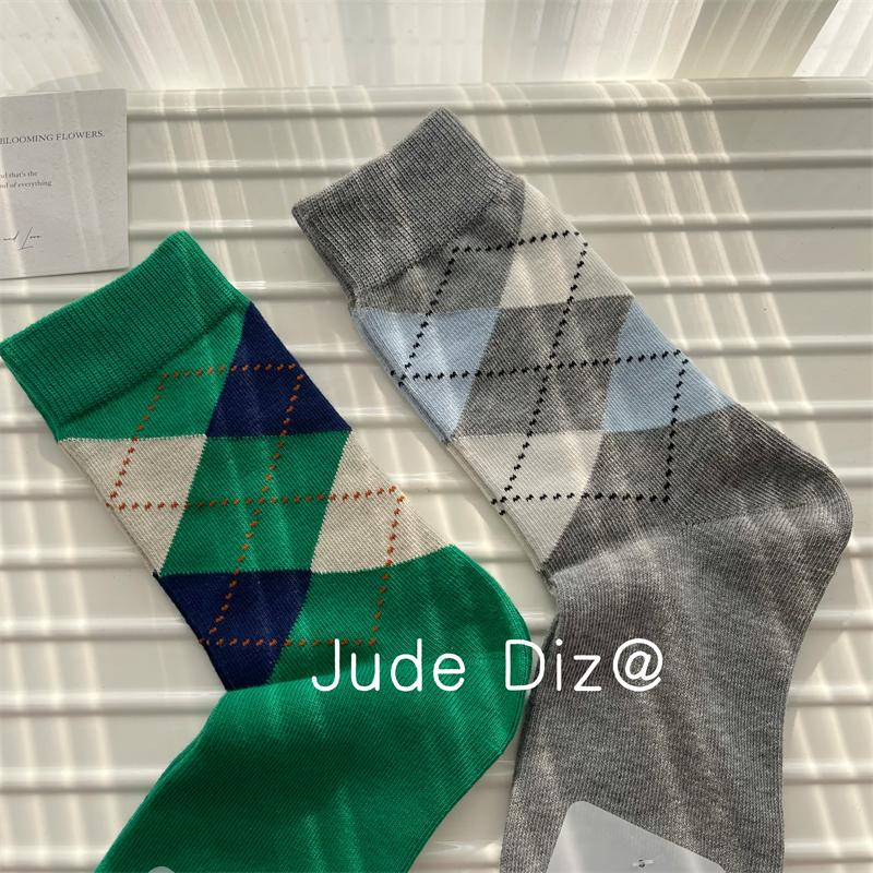 复古撞色菱格精梳棉无骨中高筒