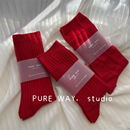 原创洋气中国红袜子本命年新婚中长筒纯棉BV格条纹堆堆袜女男INS