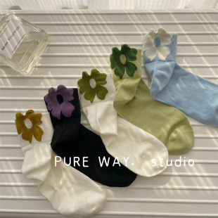 春夏无骨女中短筒袜子白色潮纯棉韩国ins风后跟花朵学生运动袜绿