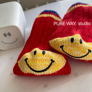 限量款 粗线烫印笑脸圣诞新年红袜子中筒潮袜男女纯棉撞色手工平田