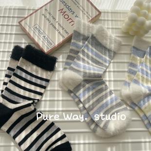 秋冬袜口毛毛精梳棉彩点纱条纹中筒袜子女士INS日系堆堆袜学院风