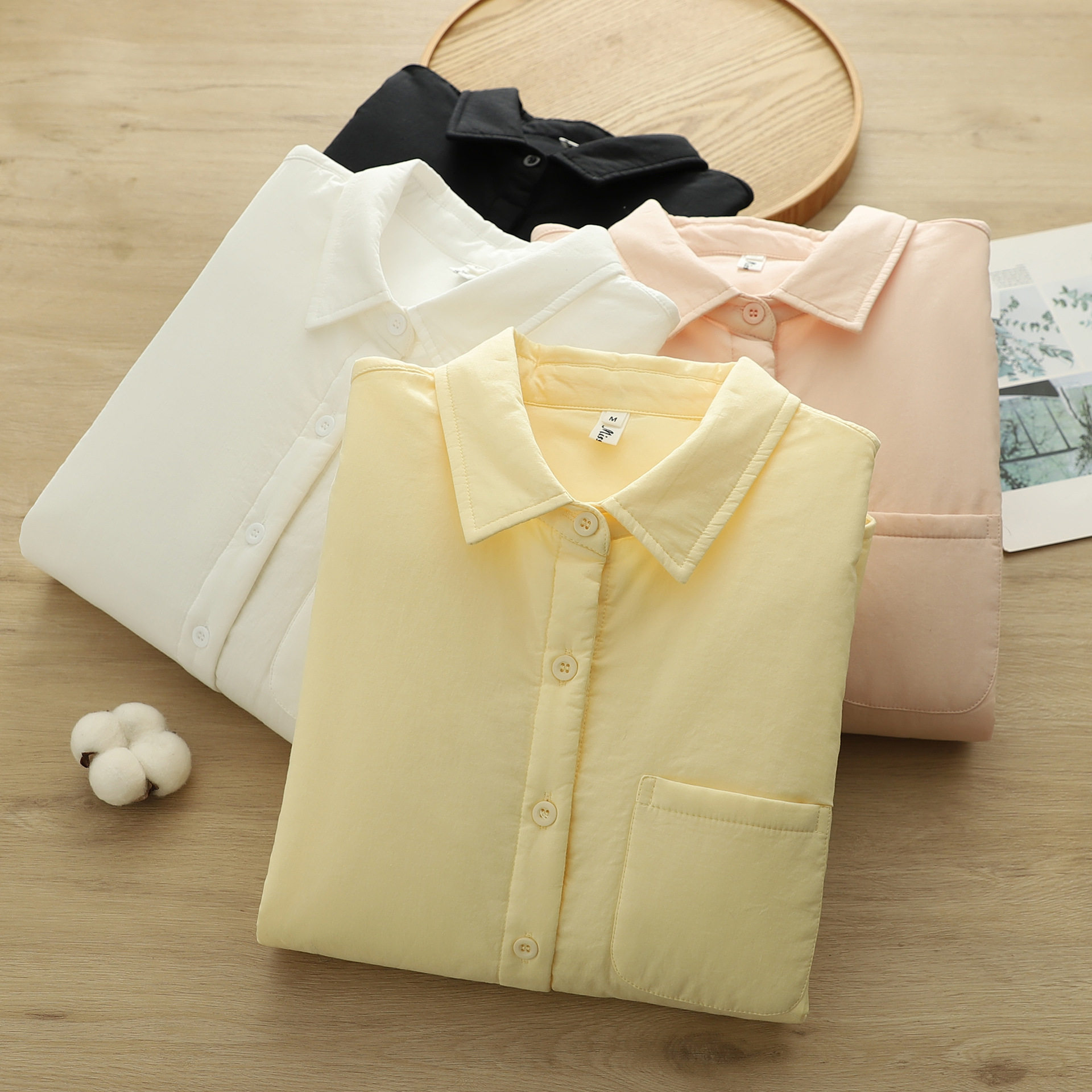 夹棉衬衫女加厚保暖 尖领气质纯色冬季新款 宽松显瘦打底衬衣