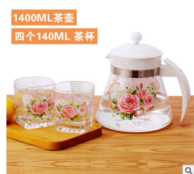 韩式高温耐热无铅烤花玻璃花茶壶，咖啡壶，一壶四杯礼盒装