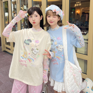 多巴胺少女装 森女部落原创可爱贴布绣闺蜜装 女装 夏季 宽松 t恤短袖