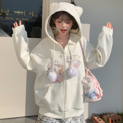 森女部落甜美风百搭连帽外套女2026新款设计感猫咪刺绣宽松上衣春