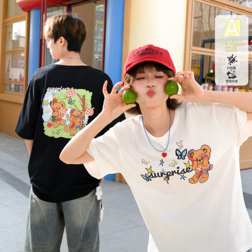 森女部落童趣小熊印花圆领宽松短袖t恤女2026新款上衣男女同款夏