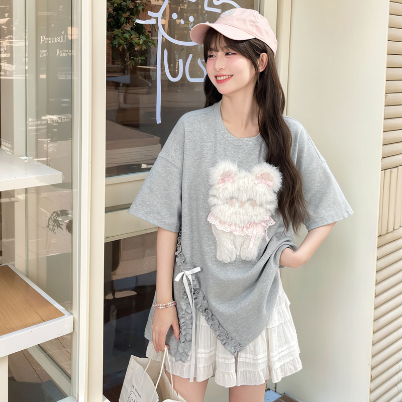 森女部落原创甜美设计感不规则上衣卡通图案少女宽松短袖t恤女夏