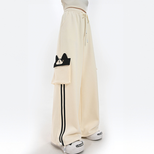 女 宽松阔腿裤 森女部落甜美设计感猫咪刺绣加绒高腰直筒休闲裤 秋季