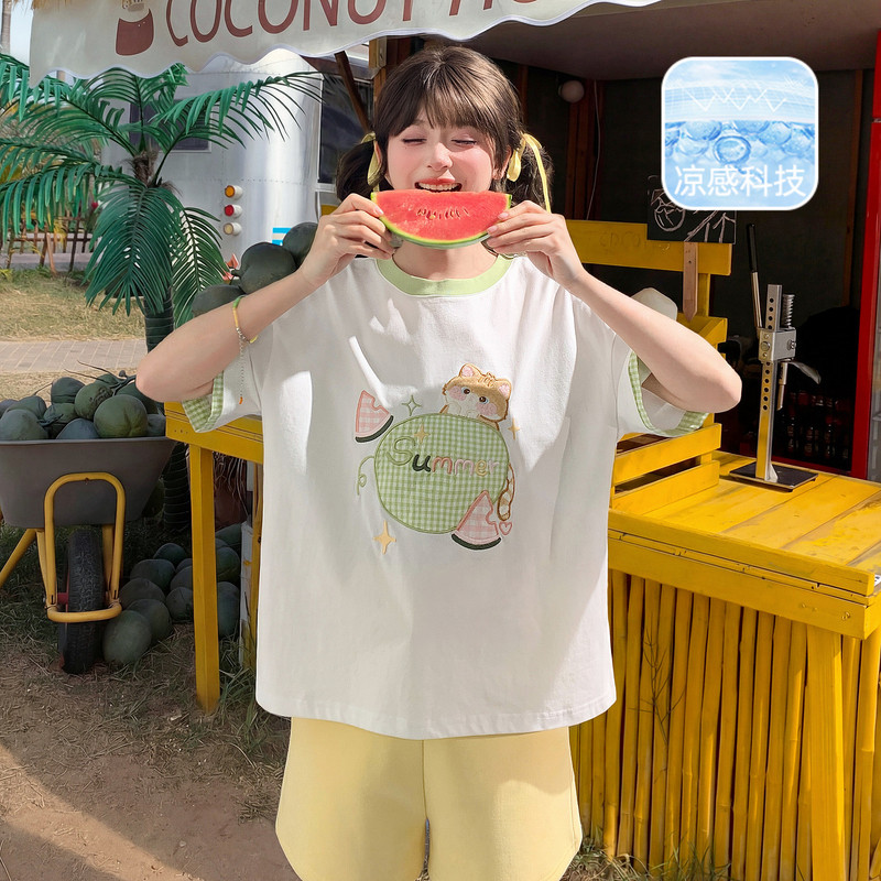 森女部落甜美减龄设计感刺绣短袖t恤女夏2026款可爱绿色宽松上衣图片