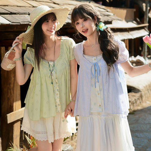 森女部落甜美假两件镂空设计感宽松衬衫女2026新款百搭纯棉上衣夏