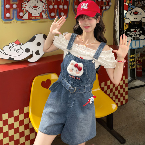 小个子卡通可爱牛仔背带短裤女夏