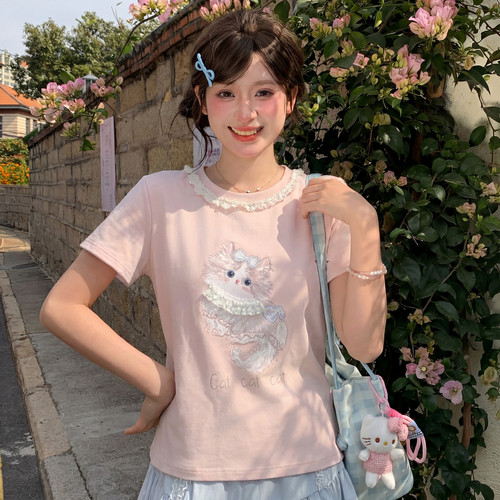 森女部落甜美风猫咪印花T恤女新款蕾丝拼接设计感宽松百搭上衣夏